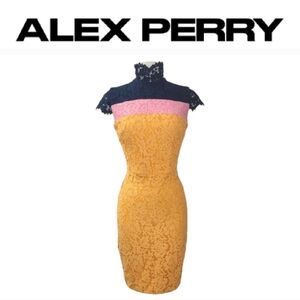 ALEX PERRY High Neck Lace Pencil Dress in Navy Pink & Orange Sz 6/S